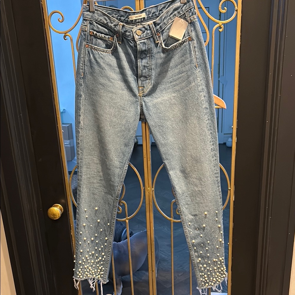 Designer shop revolve grlfrnd Jeans Pearl bling diamond Embellishments Chanel